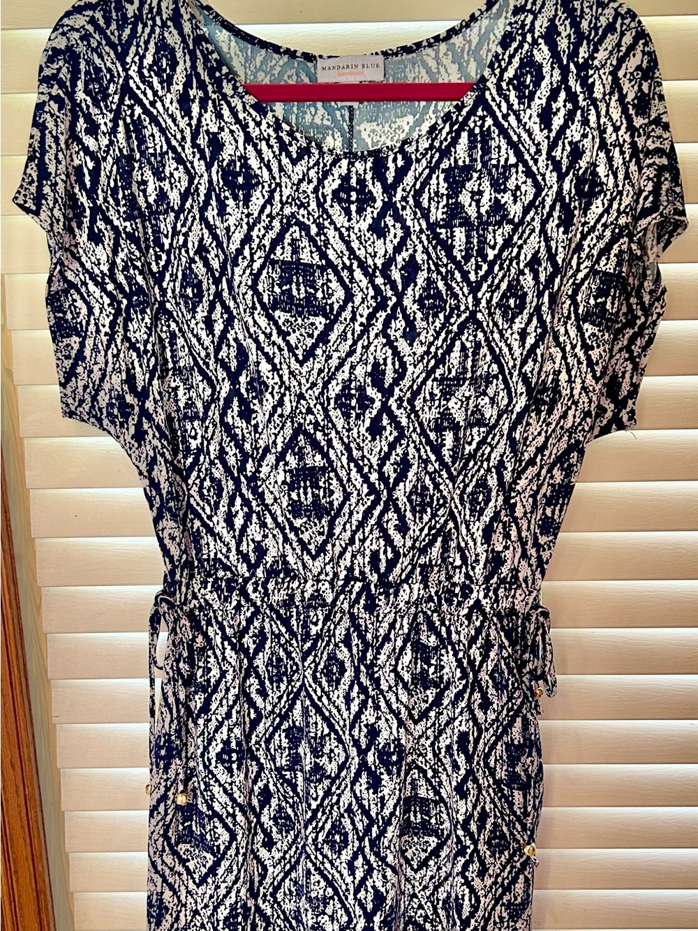 Mandarin Blue Navy & White Printed Women’s Drawstring Dress